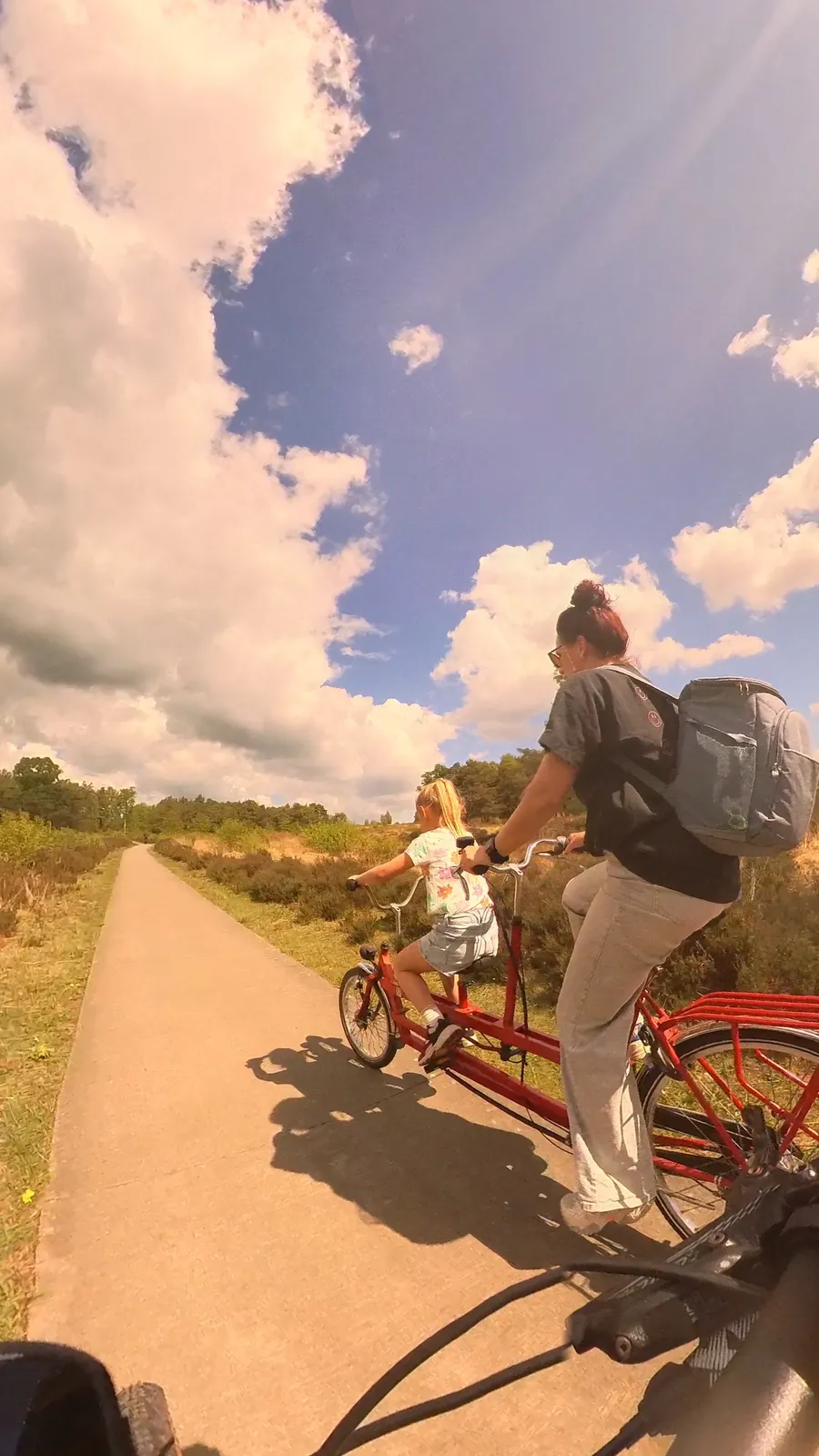 Radfahren auf einem ruhigen Weg entlang Heide und Wald